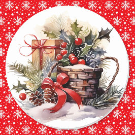Pegatina Redonda Navidades Natural Holly Berries Pinecones Red Bow