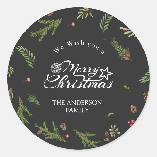 Pegatina Redonda Navidades naturales minimalista elegante Verde bot (Anverso)