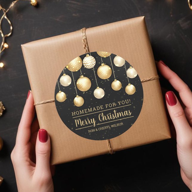 Pegatina Redonda Navidades negros y dorados caseros para ti (Black and Gold Christmas Tree Ornaments on Handmade For You  Round Stickers)