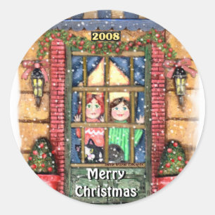 Pegatina Redonda Navidades Nieve Chicas Con Pegatinas Gatos