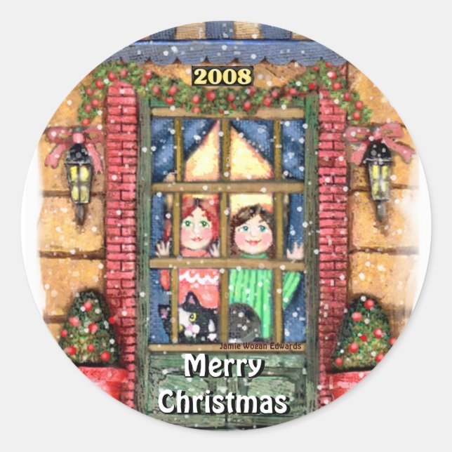 Pegatina Redonda Navidades Nieve Chicas Con Pegatinas Gatos (Anverso)