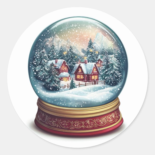 Pegatina Redonda Navidades Nieve globo con un diseño de pueblo pequ (Anverso)