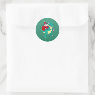 Pegatina Redonda Navidades Niños Dinosaurios Santa T Navidad Amor D