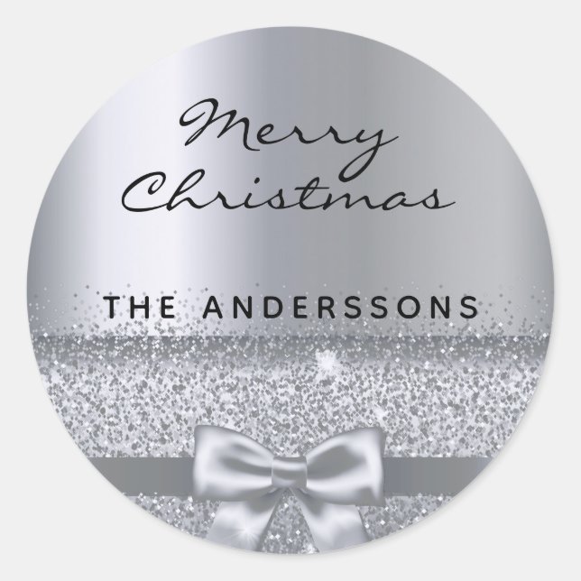 Pegatina Redonda Navidades nombre de familia metálica plateada (Anverso)