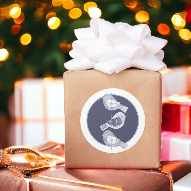 Pegatina Redonda Navidades nórdicos foto de aves azules (Nordic Christmas Blue Birds Photo Classic Round Stickers from Ricaso)