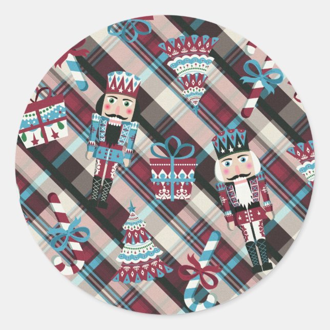 Pegatina Redonda Navidades Nutcracker Plaid Blue Burgundy (Anverso)