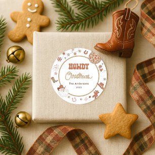 Pegatina Redonda Navidades occidentales de Rustic Howdy