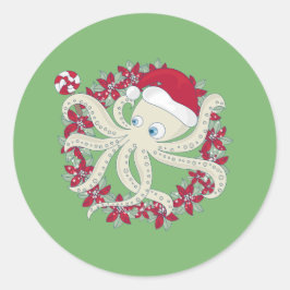 Pegatina Redonda navidades oceánicos octopus santa wreath poinsetti