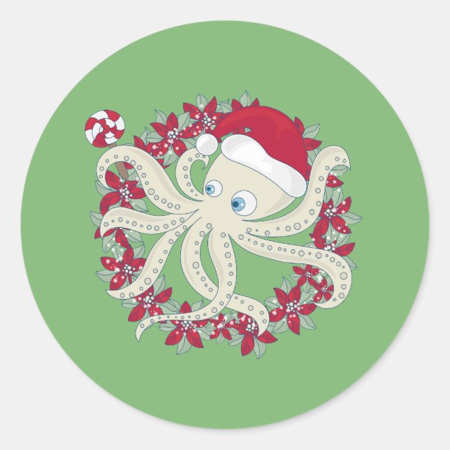 Pegatina Redonda navidades oceánicos octopus santa wreath poinsetti (Anverso)