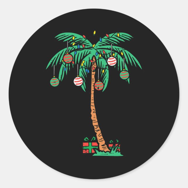 Pegatina Redonda Navidades Palm Xmas Tree Tropical Beach Hawaii Wom (Anverso)