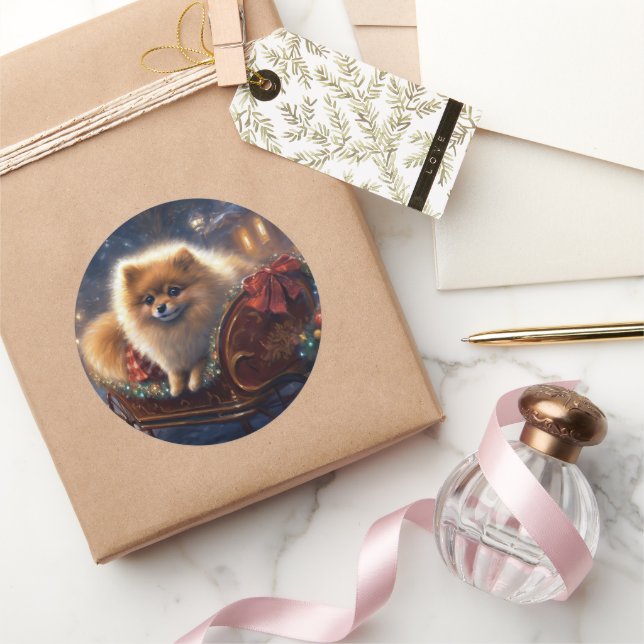 Pegatina Redonda Navidades panomeranos en temporada festiva cepilla (Regalar)