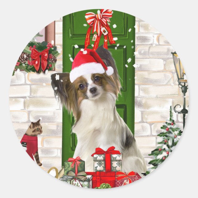Pegatina Redonda Navidades Papillon Dog (Anverso)