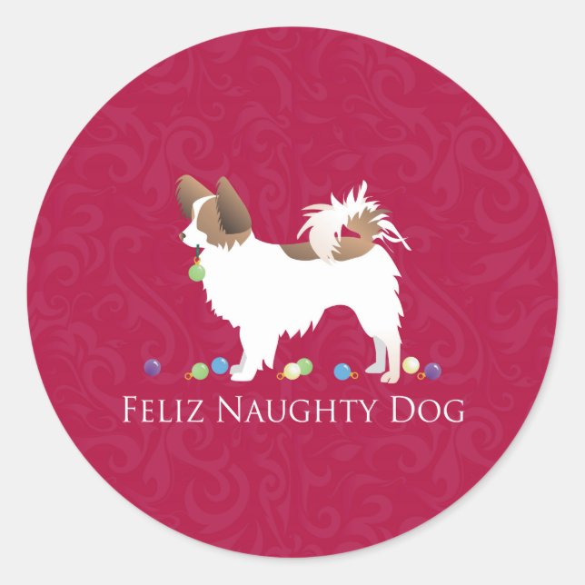 Pegatina Redonda Navidades Papillon Feliz Naughty Dog (Anverso)