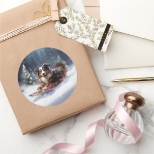 Pegatina Redonda Navidades Pastores de Australia nevan el invierno