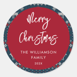 Pegatina Redonda Navidades Patrón de punto Familia Nórdica festiva