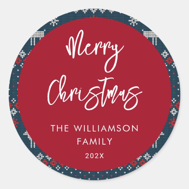 Pegatina Redonda Navidades Patrón de punto Familia Nórdica festiva (Anverso)