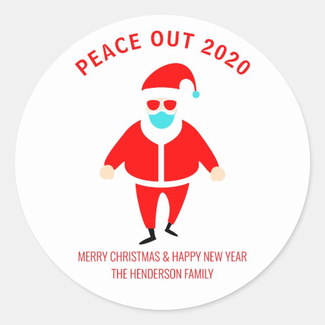 Pegatina Redonda Navidades Peace Out 2020 Santa Face Mask Your Name (Anverso)