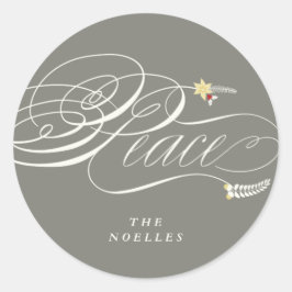 Pegatina Redonda Navidades Peace Script Calligraphy Foliage Classic