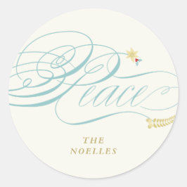 Pegatina Redonda Navidades Peace Script Calligraphy Foliage Classic