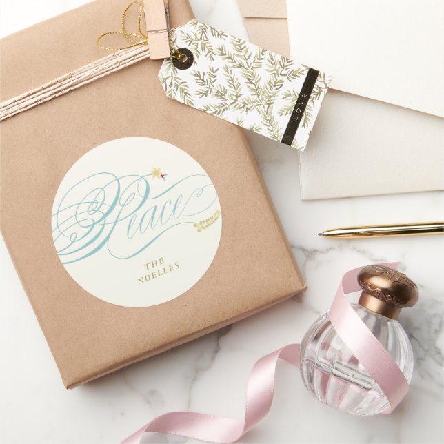 Pegatina Redonda Navidades Peace Script Calligraphy Foliage Classic (Regalar)