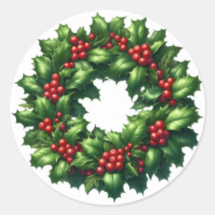 Pegatina Redonda Navidades Pegatinas Holly Wreath