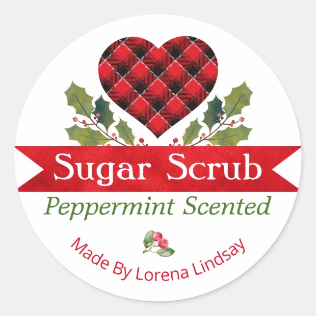 Pegatina Redonda Navidades Peppermint Plaid Azúcar Scrub Labs (Anverso)