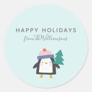 Pegatina Redonda Navidades pequeños pinguino de menta Verde azulada