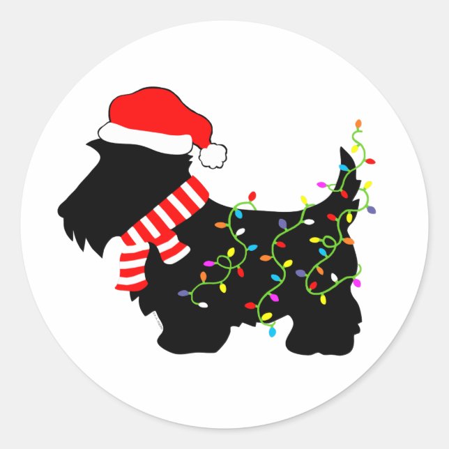 Pegatina Redonda Navidades Perro escocés con luces (Anverso)