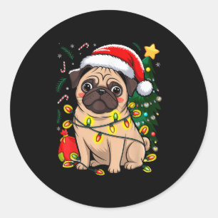 Pegatina Redonda Navidades Perro Santa Cláusula Pug Puppy X-mas