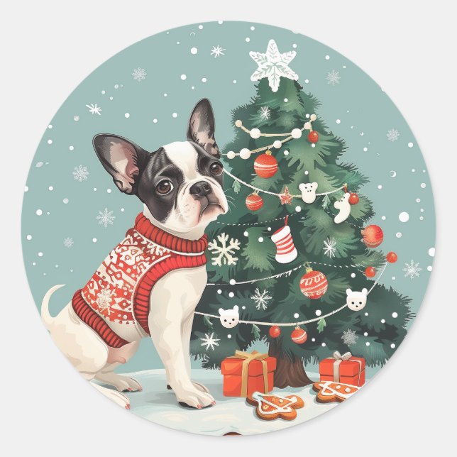 Pegatina Redonda Navidades Perro Terrier de Boston (Anverso)