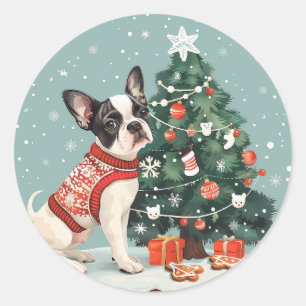 Pegatina Redonda Navidades Perro Terrier de Boston