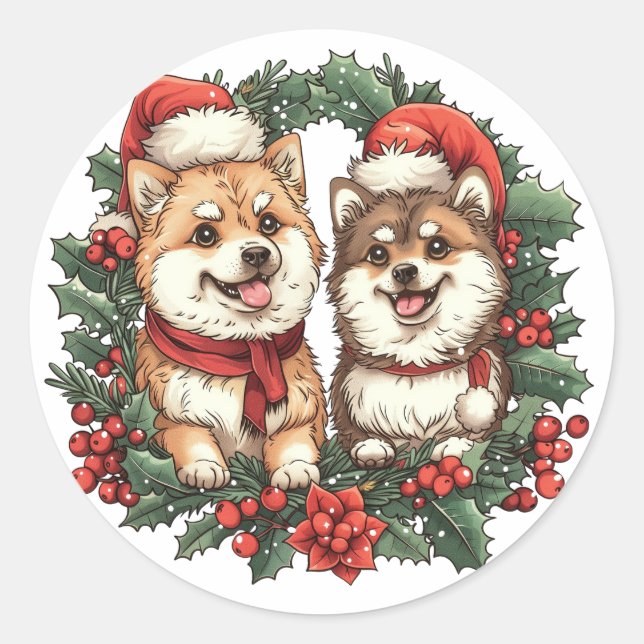 Pegatina Redonda Navidades Perros Pomerania Mistletoe Wreath (Anverso)