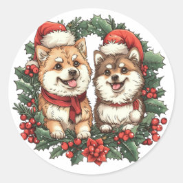 Pegatina Redonda Navidades Perros Pomerania Mistletoe Wreath