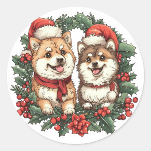 Pegatina Redonda Navidades Perros Pomerania Mistletoe Wreath