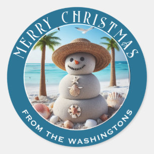 Pegatina Redonda Navidades personales de Snowman y arena tropical