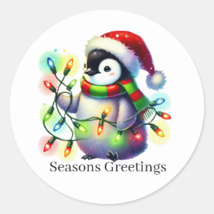 Pegatina Redonda Navidades personalizable de pingüino Estaciones Sa