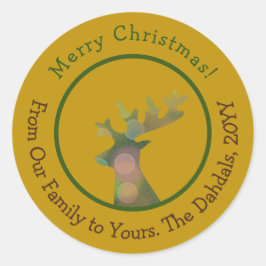 Pegatina Redonda Navidades personalizados Bokeh Reindeer Bronze Gol