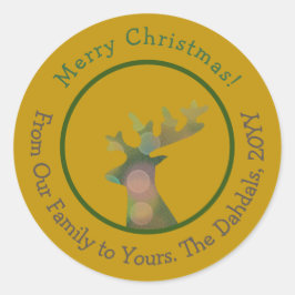 Pegatina Redonda Navidades personalizados Bokeh Reindeer Green & Go