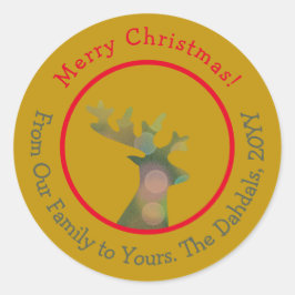 Pegatina Redonda Navidades personalizados Bokeh Reindeer Head Red G