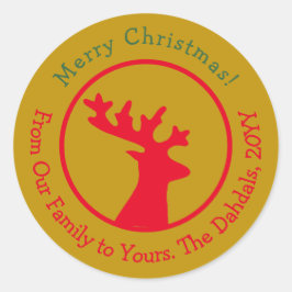 Pegatina Redonda Navidades personalizados Cabeza de reno Oro Verde 