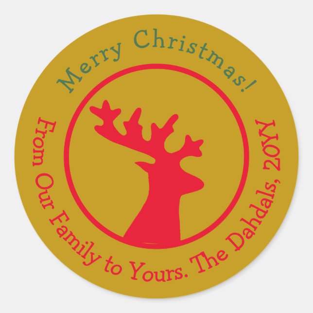 Pegatina Redonda Navidades personalizados Cabeza de reno Oro Verde  (Anverso)