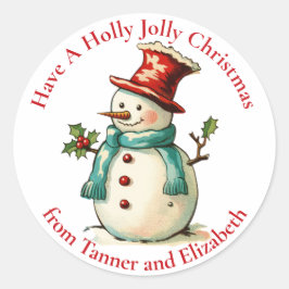 Pegatina Redonda Navidades Personalizados de Cute Holly Jolly Snowm