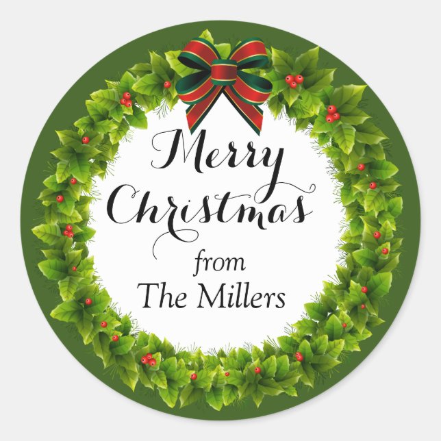 Pegatina Redonda Navidades Personalizados de Holly Berry Wreath (Anverso)
