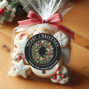 Pegatina Redonda Navidades personalizados de Holly Wreath Red Berri