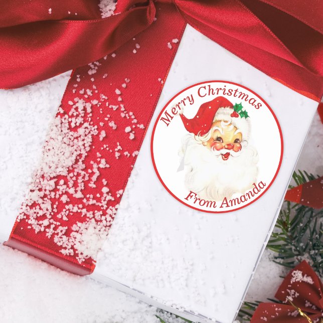 Pegatina Redonda navidades Personalizados del Viaje Retro Santa Cla (1950s Vintage Retro Santa Claus Custom Christmas Classic Round Sticker)