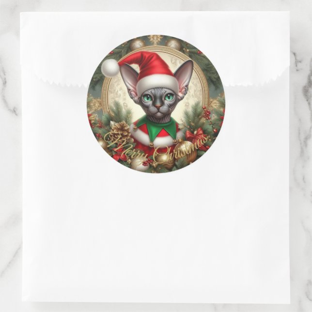 Pegatina Redonda Navidades personalizados Elf Sphynx Cat Gift (Bolso)
