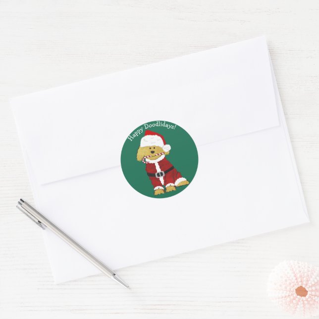 Pegatina Redonda Navidades personalizados Goldendoodle Santa Claus (Sobre)