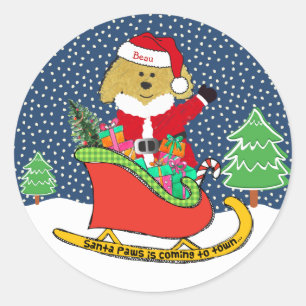Pegatina Redonda Navidades personalizados GoldenDoodle Santa Sleigh