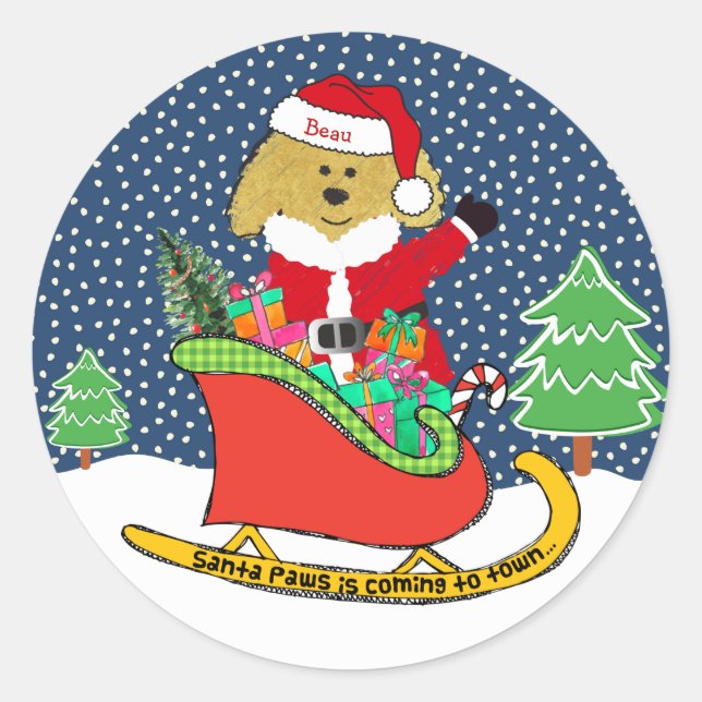 Pegatina Redonda Navidades personalizados GoldenDoodle Santa Sleigh (Anverso)