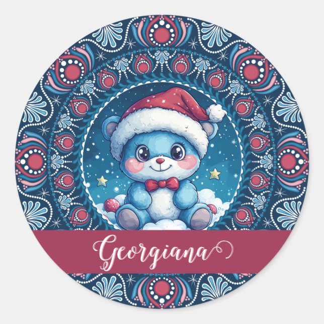 Pegatina Redonda Navidades personalizados Kawaii Bear Dot Mandala (Anverso)